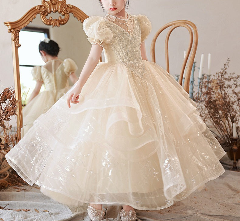 Robe de Bal en Dentelle à Col Rond et Manches Courtes avec Perles et Strass pour Fille