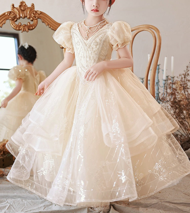 Robe de Bal en Dentelle à Col Rond et Manches Courtes avec Perles et Strass pour Fille