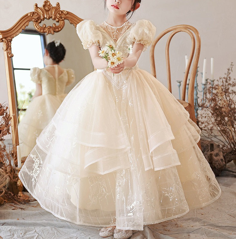 Robe de Bal en Dentelle à Col Rond et Manches Courtes avec Perles et Strass pour Fille