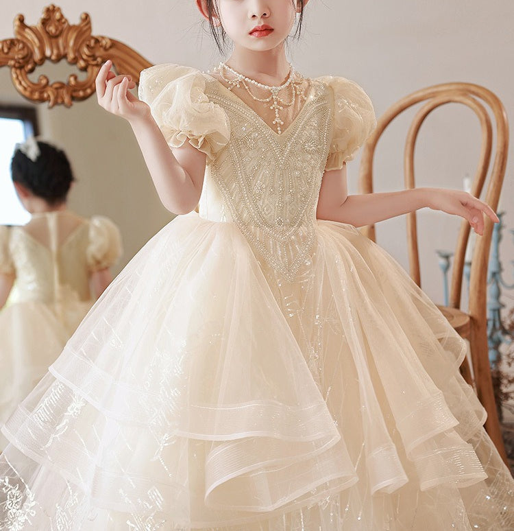 Robe de Bal en Dentelle à Col Rond et Manches Courtes avec Perles et Strass pour Fille