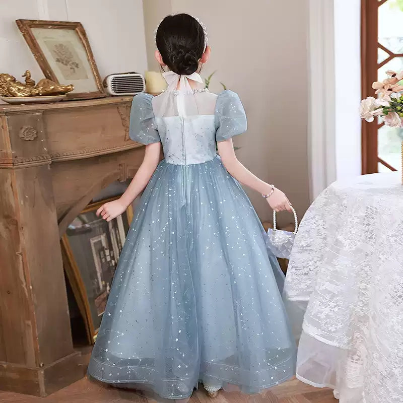 Robe de Soirée Princesse à Col Rond et Manches Courtes pour Fille avec Perles et Appliques en Cristal
