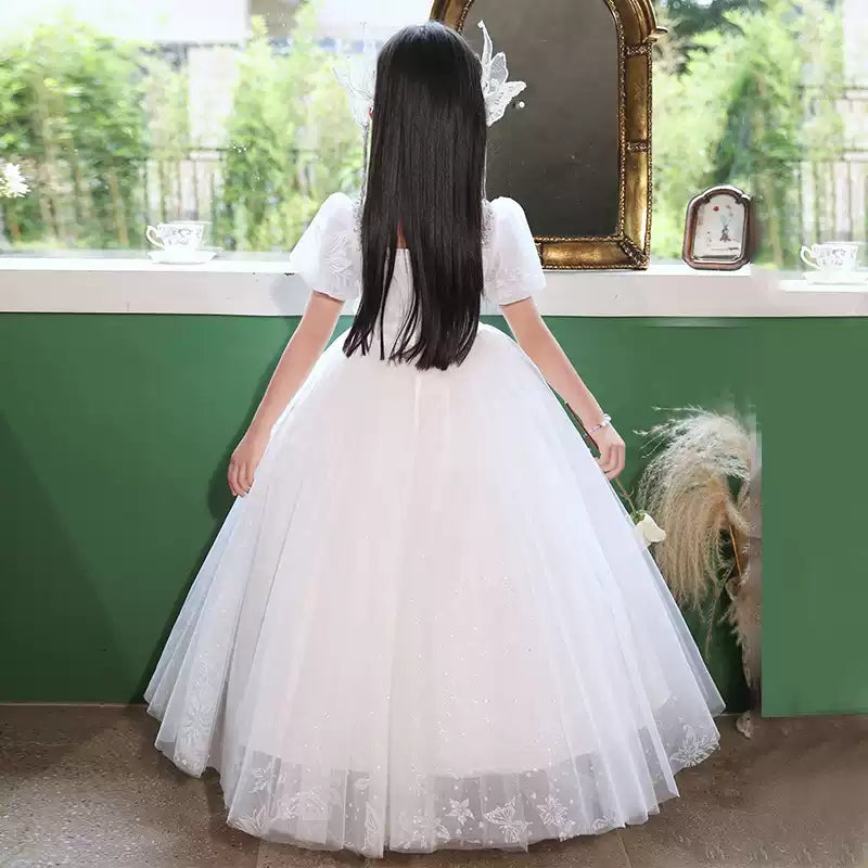 Robe de Bal à Col Carré et Manches Courtes pour Demoiselle D'Honneur avec Appliques en Strass