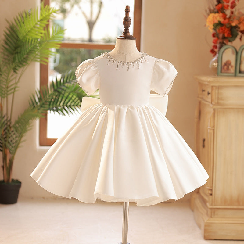 Robe de Soirée pour Bébé Fille à Col Rond et Manches Courtes, Longueur Genou, avec Nœud