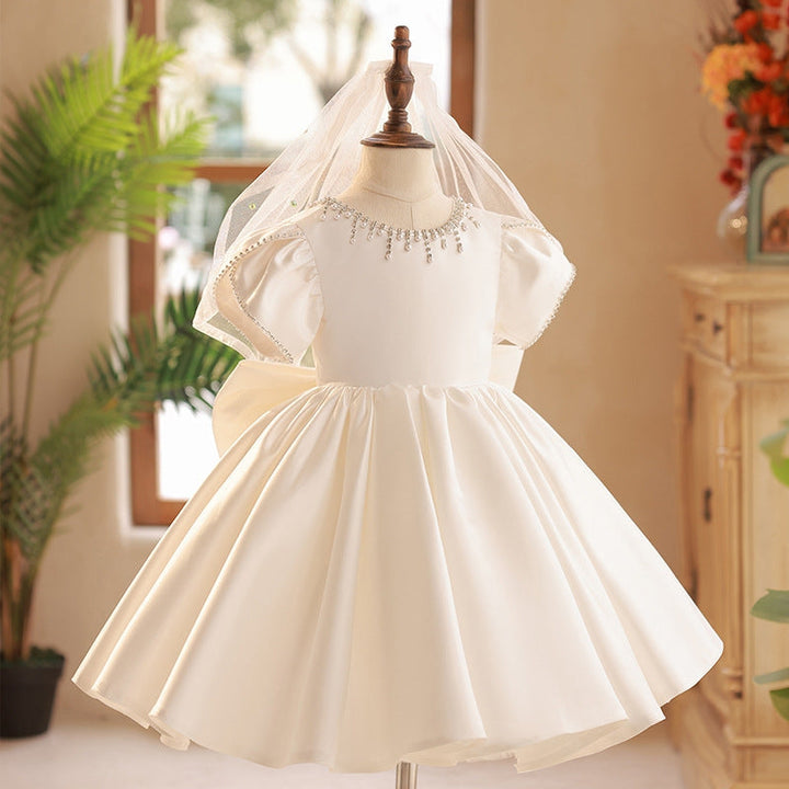 Robe de Soirée pour Bébé Fille à Col Rond et Manches Courtes, Longueur Genou, avec Nœud