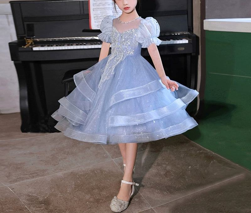 Robe de Soirée à Manches Courtes pour Fille, Longueur Genou, avec Appliques en Strass