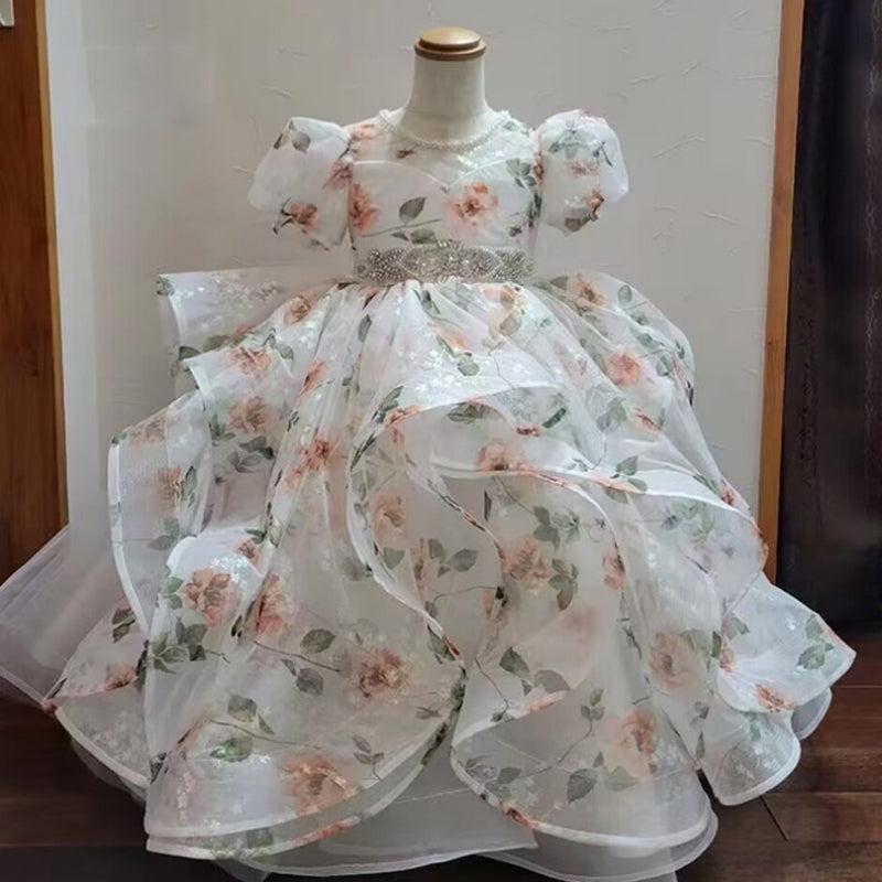Robe de Bal à Manches Courtes et Longueur Au Sol pour Demoiselle D'Honneur avec Ceinture en Strass