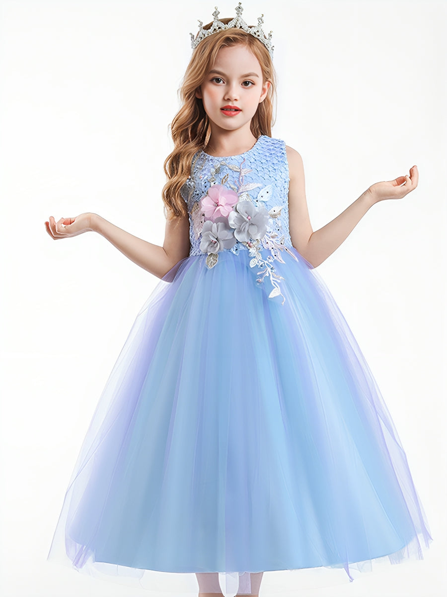 Robe de Bal à Encolure Dégagée Sans Manches en Tulle Dégradé avec Appliques et Broderies