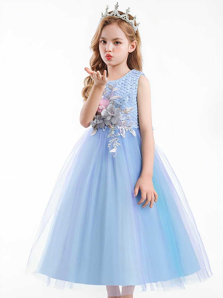 Robe de Bal à Encolure Dégagée Sans Manches en Tulle Dégradé avec Appliques et Broderies