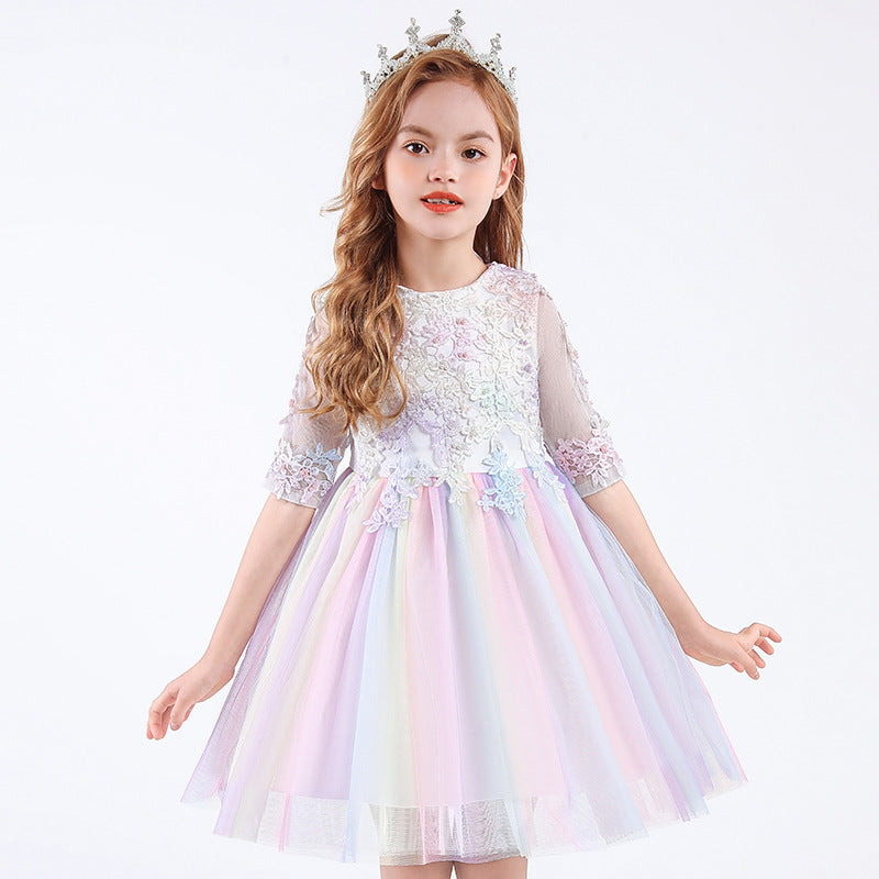 Robe de Bal à Encolure Dégagée et Manches Mi-Longues en Tulle avec Appliques et Nœud
