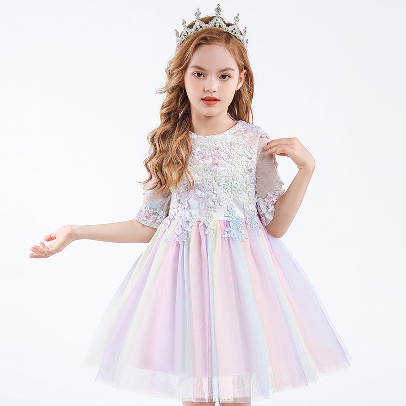 Robe de Bal à Encolure Dégagée et Manches Mi-Longues en Tulle avec Appliques et Nœud