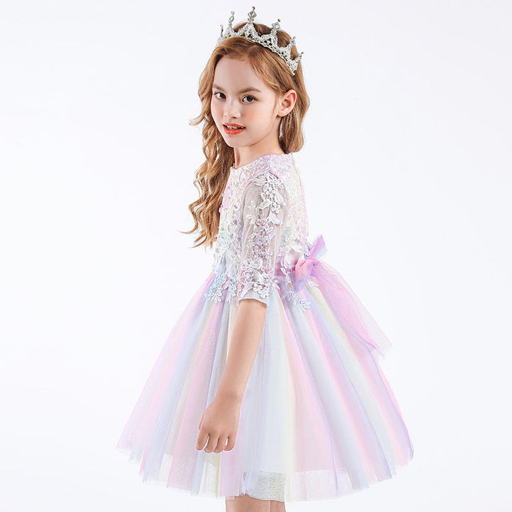Robe de Bal à Encolure Dégagée et Manches Mi-Longues en Tulle avec Appliques et Nœud