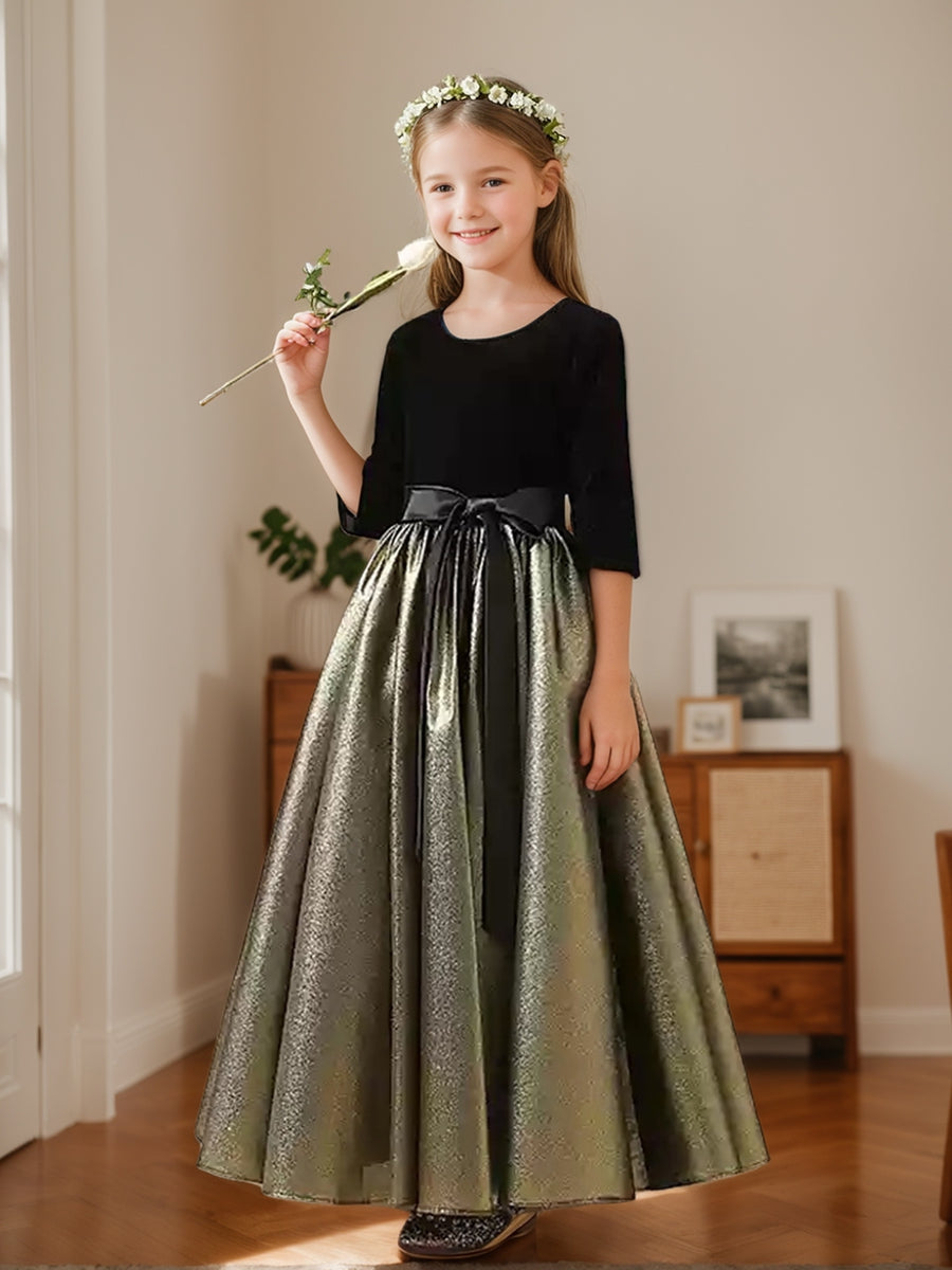 Robe de Demoiselle D'Honneur en Velours à Col Rond et Longueur Cheville, Coupe A-Line/Princesse, avec Volants et Nœud