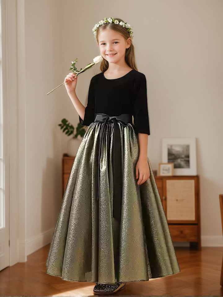 Robe de Demoiselle D'Honneur en Velours à Col Rond et Longueur Cheville, Coupe A-Line/Princesse, avec Volants et Nœud