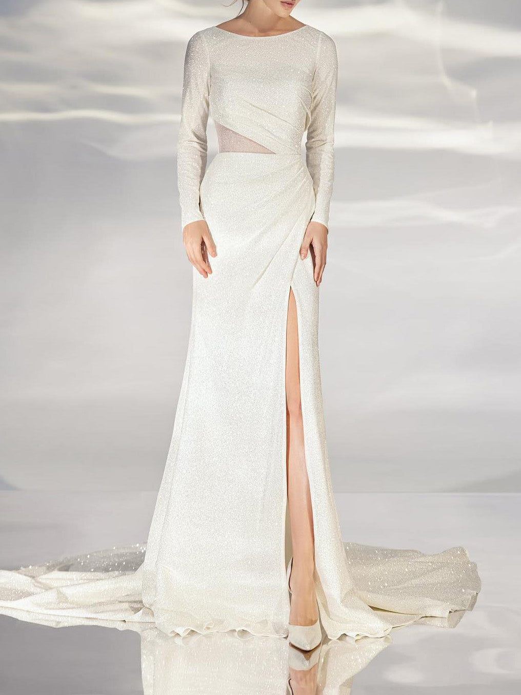 Robe de Mariée Sirène à Manches Longues avec Paillettes et Fente Sur le Côté