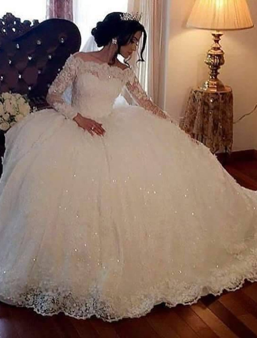 Robe de Mariée en Dentelle à Épaules Dénudées et Longueur Au Sol