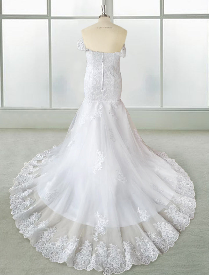 Robe de Mariée Sirène en Dentelle à Épaules Dénudées et Longueur Au Sol