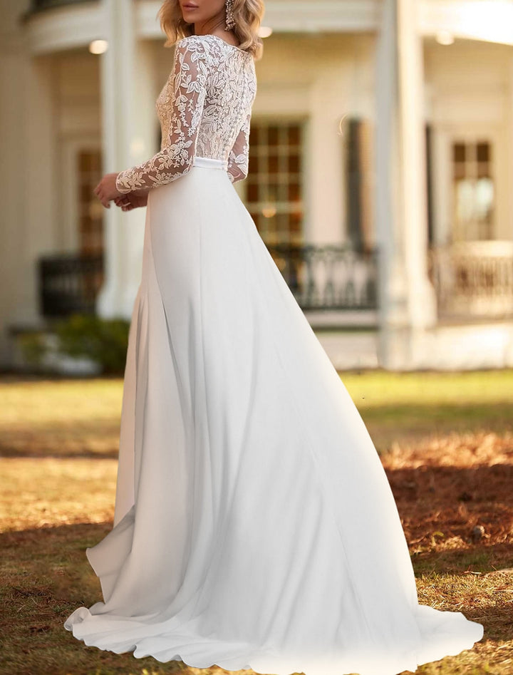 Robe de Mariée Longue en Dentelle à Deux Pièces et Décolleté Plongeant
