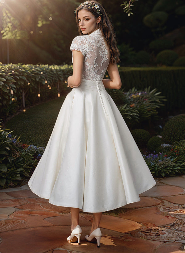 Robe de Mariée en Dentelle à Col en V et Longueur Thé