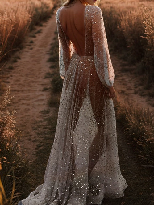 Robe de Mariée à Paillettes, Coupe A-Line/Princesse, Col en V, Longueur Au Sol