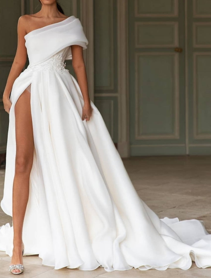 Robe de Mariée A-Line/Princess à Une Épaule et Traîne avec Appliques et Fente Sur le Devant