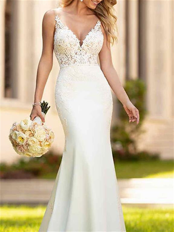 Robe de Mariée Sirène/Trompette à Col en V Sans Manches et Traîne avec Appliques