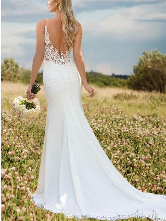 Robe de Mariée Sirène/Trompette à Col en V Sans Manches et Traîne avec Appliques