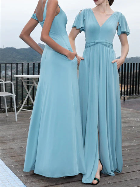 Robe de Mariée en Mousseline de Soie à Col en V et Manches Courtes, Coupe A-Line/Princess