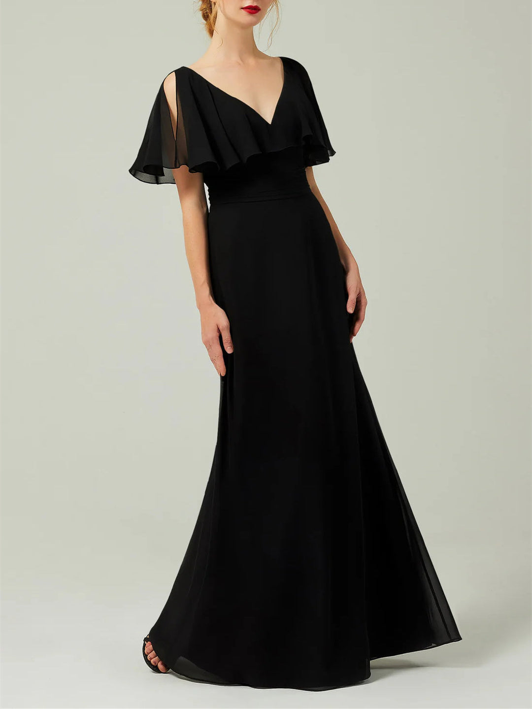 Robe D'Invitée de Mariage Fourreau/Colonne à Manches Courtes et Col en V, Longueur Au Sol