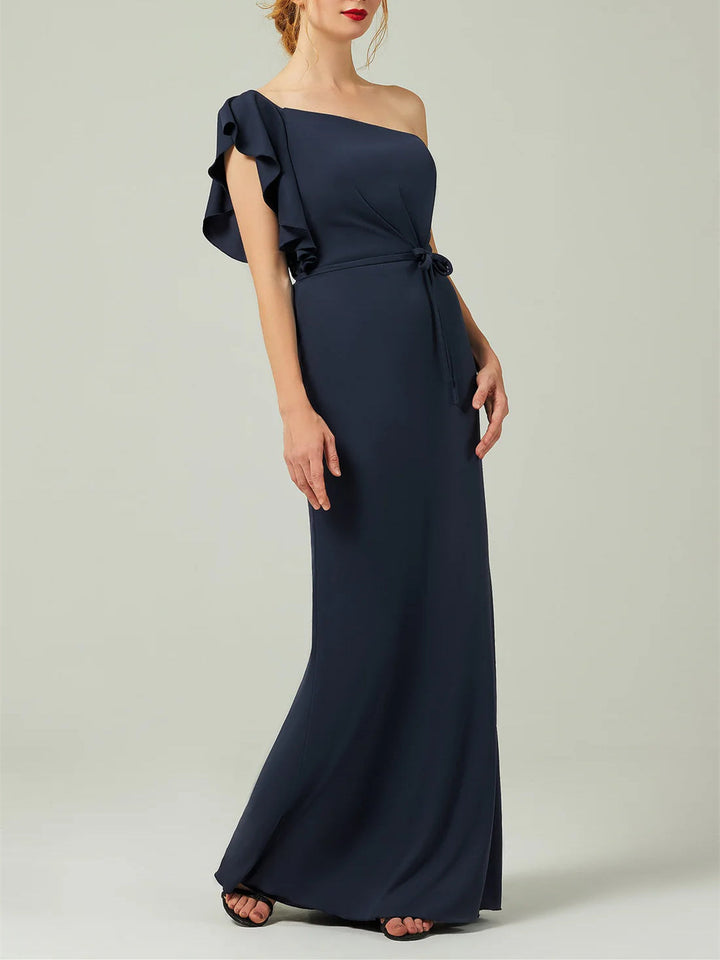 Robe D'Invitée de Mariage à Manches Courtes, Asymétrique, Longueur Au Sol, Fourreau/Colonne