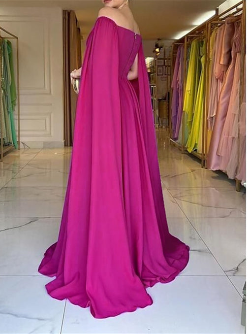 Robe D'Invitée de Mariage Trapèze à Traîne Courte et Sans Manches, Épaules Dénudées, Cape en Mousseline de Soie avec Plis