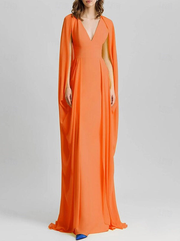 Robe D'Invitée de Mariage Fourreau/Colonne Longueur Au Sol Sans Manches Col en V en Mousseline Extensible avec Châle