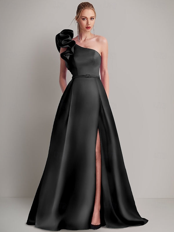 Robe D'Invitée de Mariage en Satin à Une Épaule Sans Manches, Longueur Au Sol, Coupe Trapèze, avec Poche, Fleur Sur L'Épaule