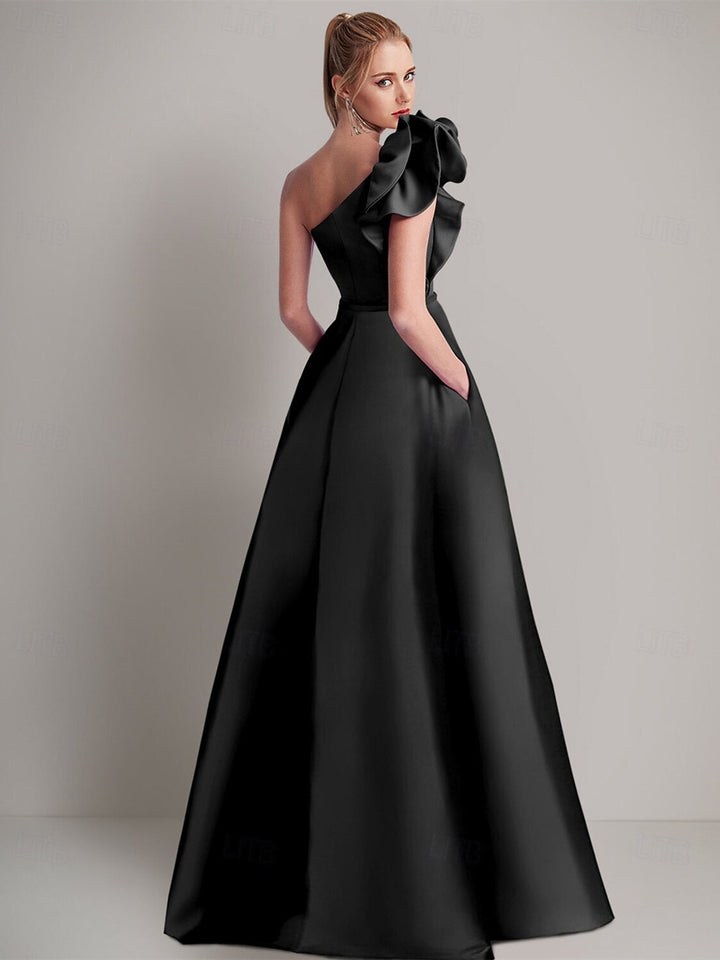 Robe D'Invitée de Mariage en Satin à Une Épaule Sans Manches, Longueur Au Sol, Coupe Trapèze, avec Poche, Fleur Sur L'Épaule
