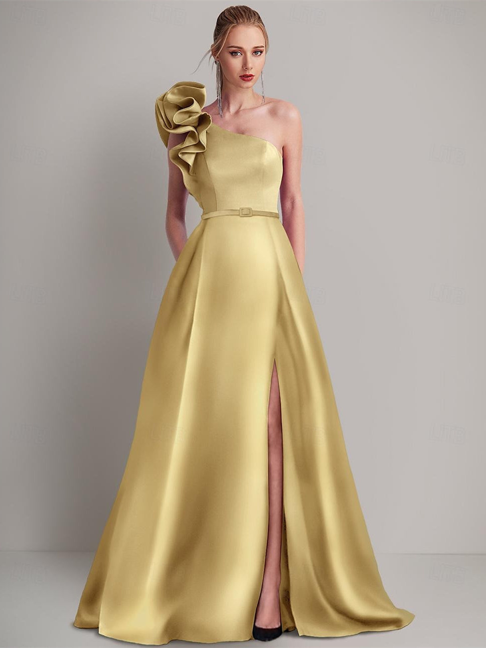 Robe D'Invitée de Mariage en Satin à Une Épaule Sans Manches, Longueur Au Sol, Coupe Trapèze, avec Poche, Fleur Sur L'Épaule