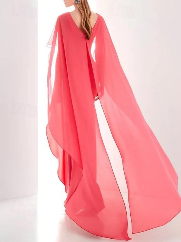 Robe D'Invitée de Mariage Fourreau/Colonne Longueur Cheville Manches Longues Col en V en Mousseline de Soie avec Volants Froncés