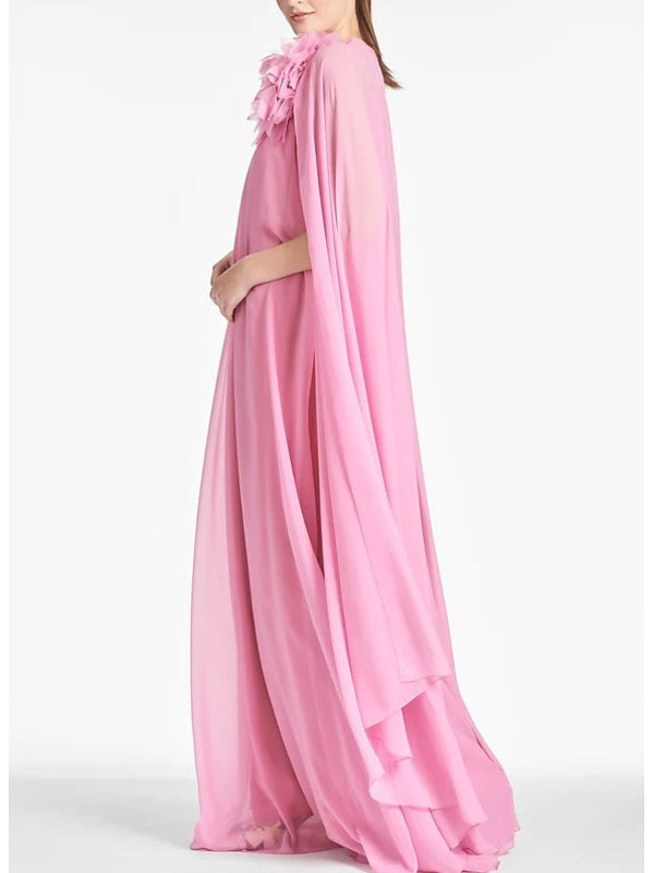 Robe D'Invitée de Mariage Coupe A-Line Longueur Au Sol Sans Manches Col Bijou en Mousseline de Soie avec Fleur Sur L'Épaule
