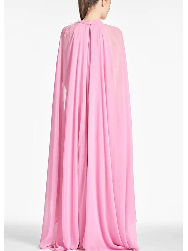 Robe D'Invitée de Mariage Coupe A-Line Longueur Au Sol Sans Manches Col Bijou en Mousseline de Soie avec Fleur Sur L'Épaule