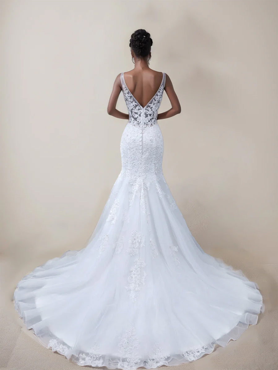 Robes de Mariée Trompette/Sirène à Col en V Sans Manches avec Appliques en Dentelle