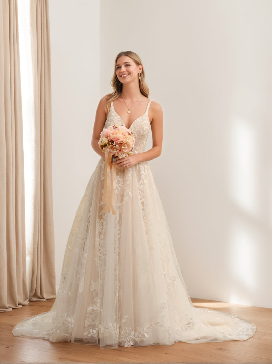Robe de Mariée Longue Sans Manches à Bretelles Spaghetti de Forme A/Princesse avec Appliques