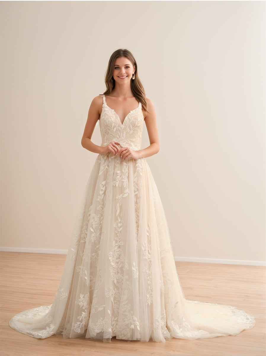 Robe de Mariée Longue Sans Manches à Bretelles Spaghetti de Forme A/Princesse avec Appliques