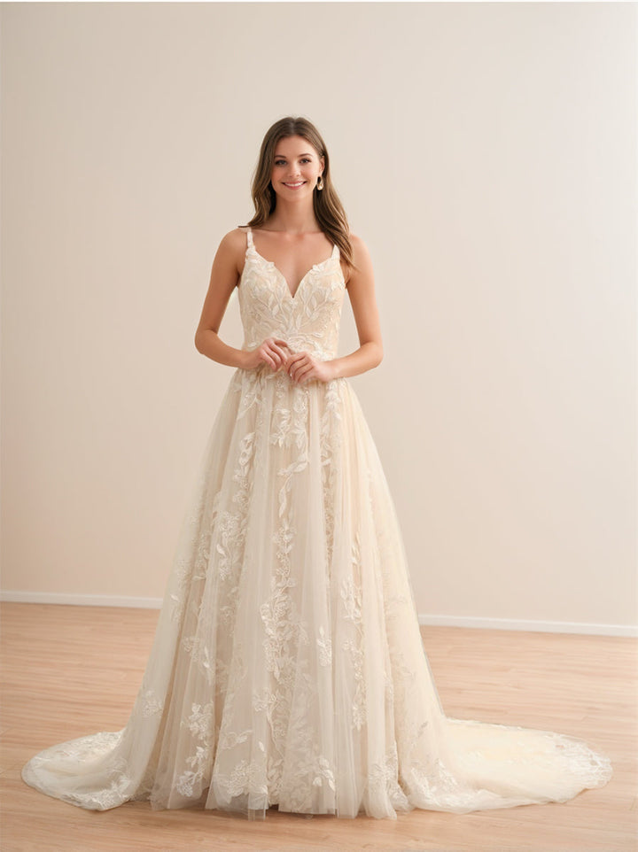 Robe de Mariée Longue Sans Manches à Bretelles Spaghetti de Forme A/Princesse avec Appliques