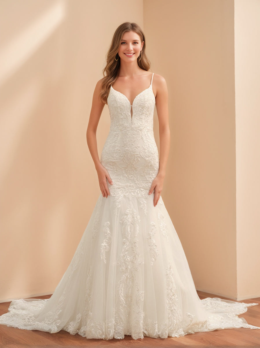 Robe de Mariée Longue en Tulle Sans Manches à Bretelles Spaghetti Trompette/Sirène avec Appliques en Dentelle