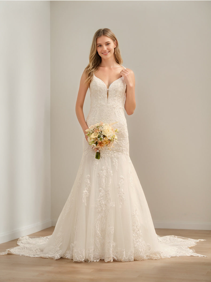 Robe de Mariée Longue en Tulle Sans Manches à Bretelles Spaghetti Trompette/Sirène avec Appliques en Dentelle