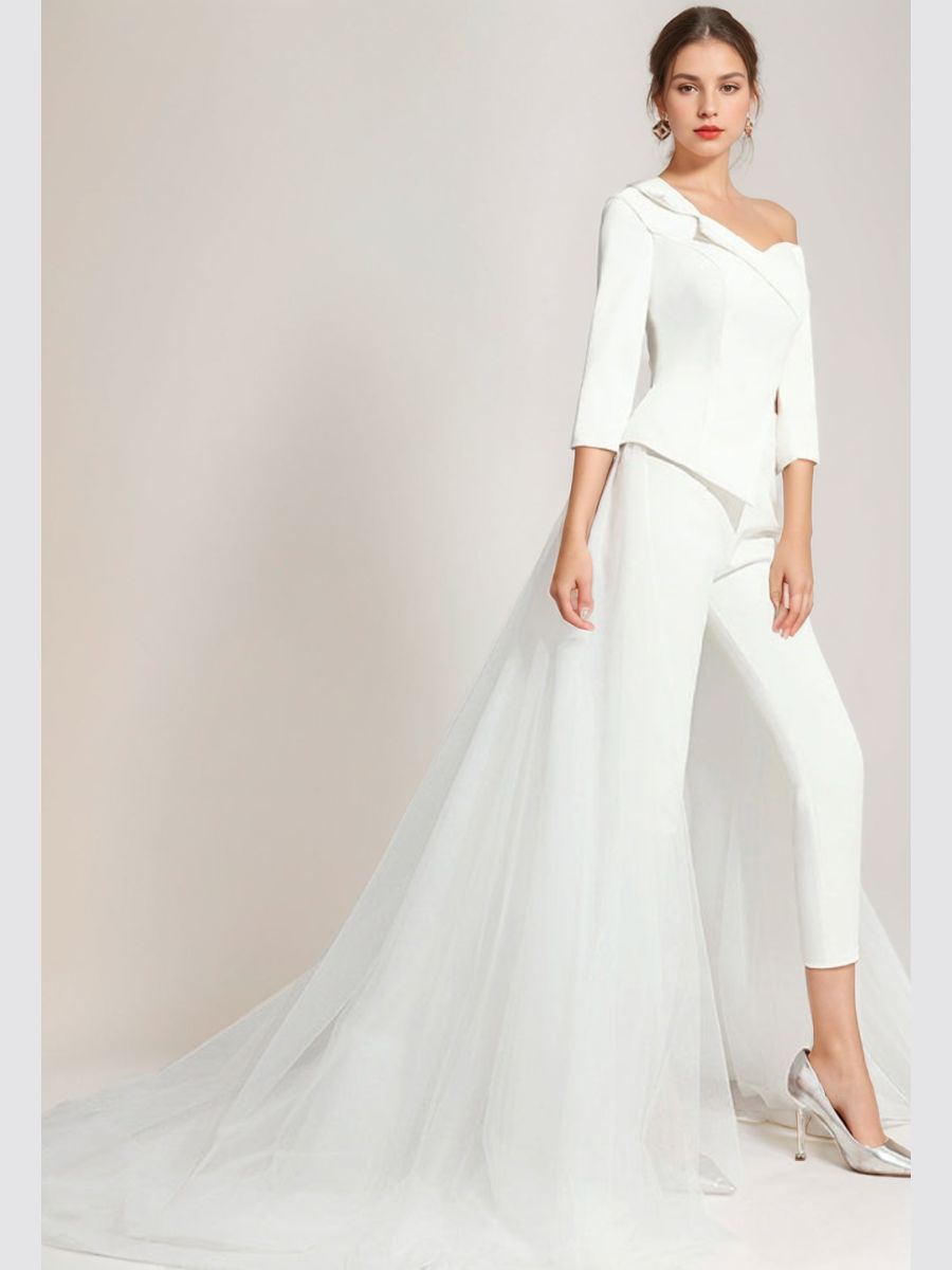 Costume de Mariage Élégant à Manches 3/4 et à Une Épaule en Tulle Blanc