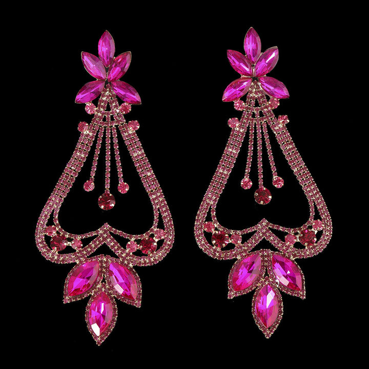 Boucles D'Oreilles Pendantes Exagérées en Forme de Cœur et de Fleur en Diamant