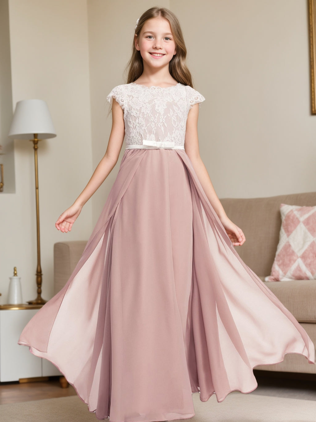 Robes de Demoiselle D'Honneur Junior en Dentelle à Manches Courtes de Forme A-Line/Princess