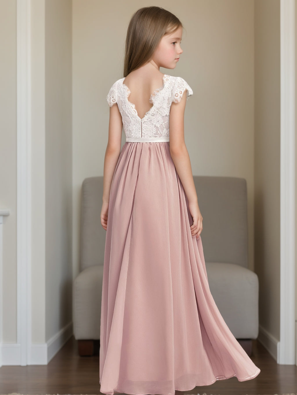 Robes de Demoiselle D'Honneur Junior en Dentelle à Manches Courtes de Forme A-Line/Princess