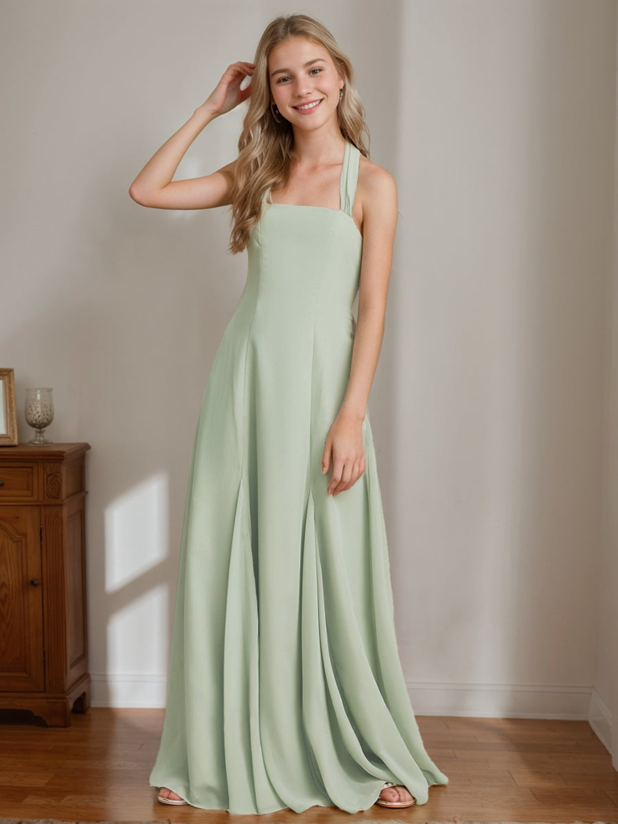 Robe de Demoiselle D'Honneur Junior Sans Manches, Coupe A-Line/Princess, Dos Nu, Longueur Au Sol