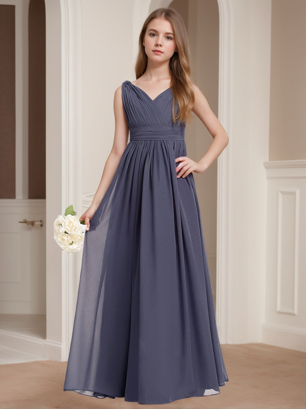 Robe de Demoiselle D'Honneur Junior Fille Sans Manches à Col en V et Coupe Princesse avec Plis