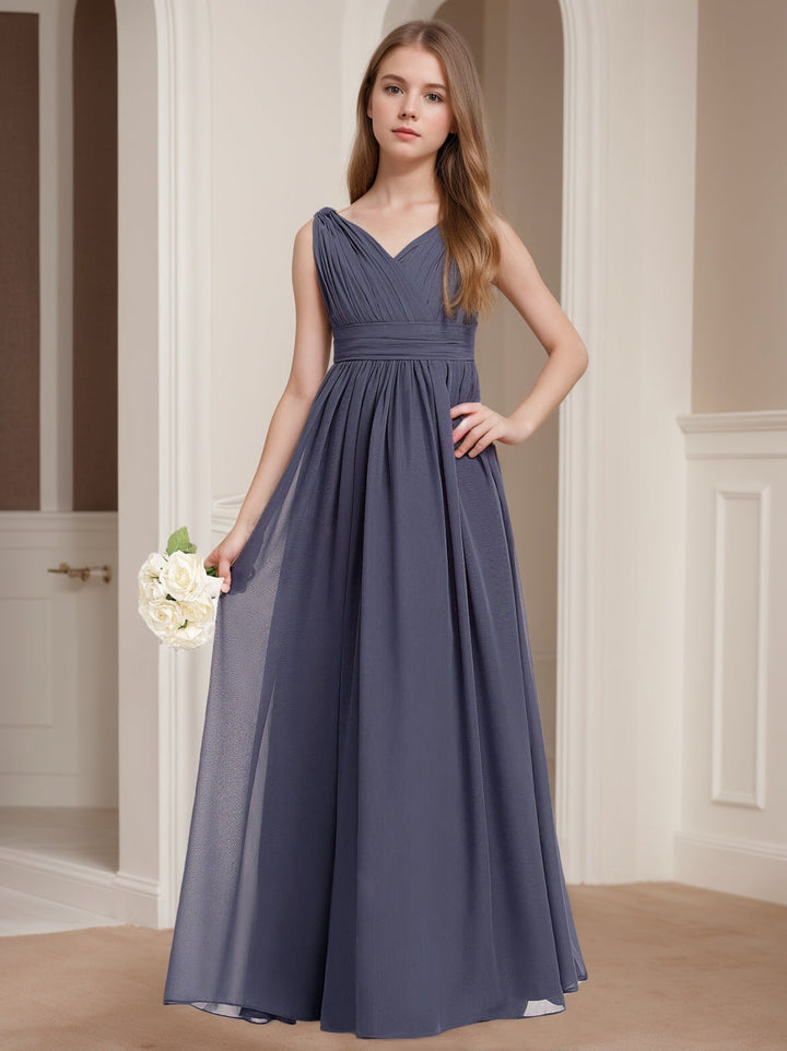 Robe de Demoiselle D'Honneur Junior Fille Sans Manches à Col en V et Coupe Princesse avec Plis